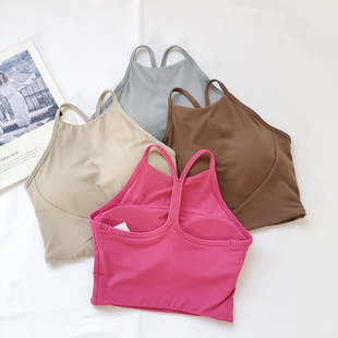 大牌同款 磨毛挂脖高领Y字美背女防走光吊带背心速干防震健身文胸
