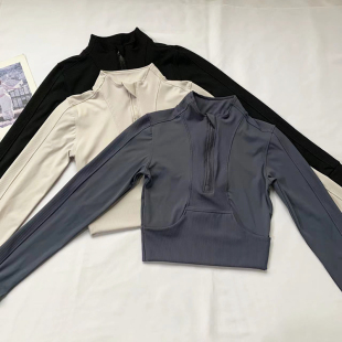 秋冬半拉链瑜伽服长袖 显瘦运动外套卫衣 女跑步健身服上衣训练短款