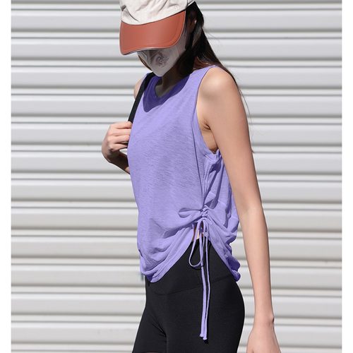 瑜伽背心竹节纱透气宽松圆领速干跑步运动服下摆抽绳显瘦瑜伽罩衫