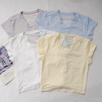 提花网纱短袖T恤速干女瑜伽服