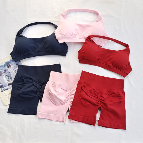 df新品运动套装！瑜伽运动内衣露背挂脖背心提臀短裤健身训练女