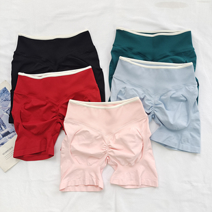 蜜桃臀撞色短裤巨显臀高腰无缝针织瑜伽三分裤女夏运动健身短裤