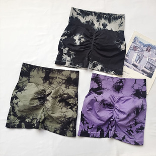 女高腰提臀紧身运动跑步三分健身裤 欧美扎染蜜桃瑜伽短裤 新款 夏季