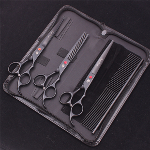 紫龙7寸黑色宠物美容剪刀平牙剪弯剪 宠物狗猫修毛专用工具套装