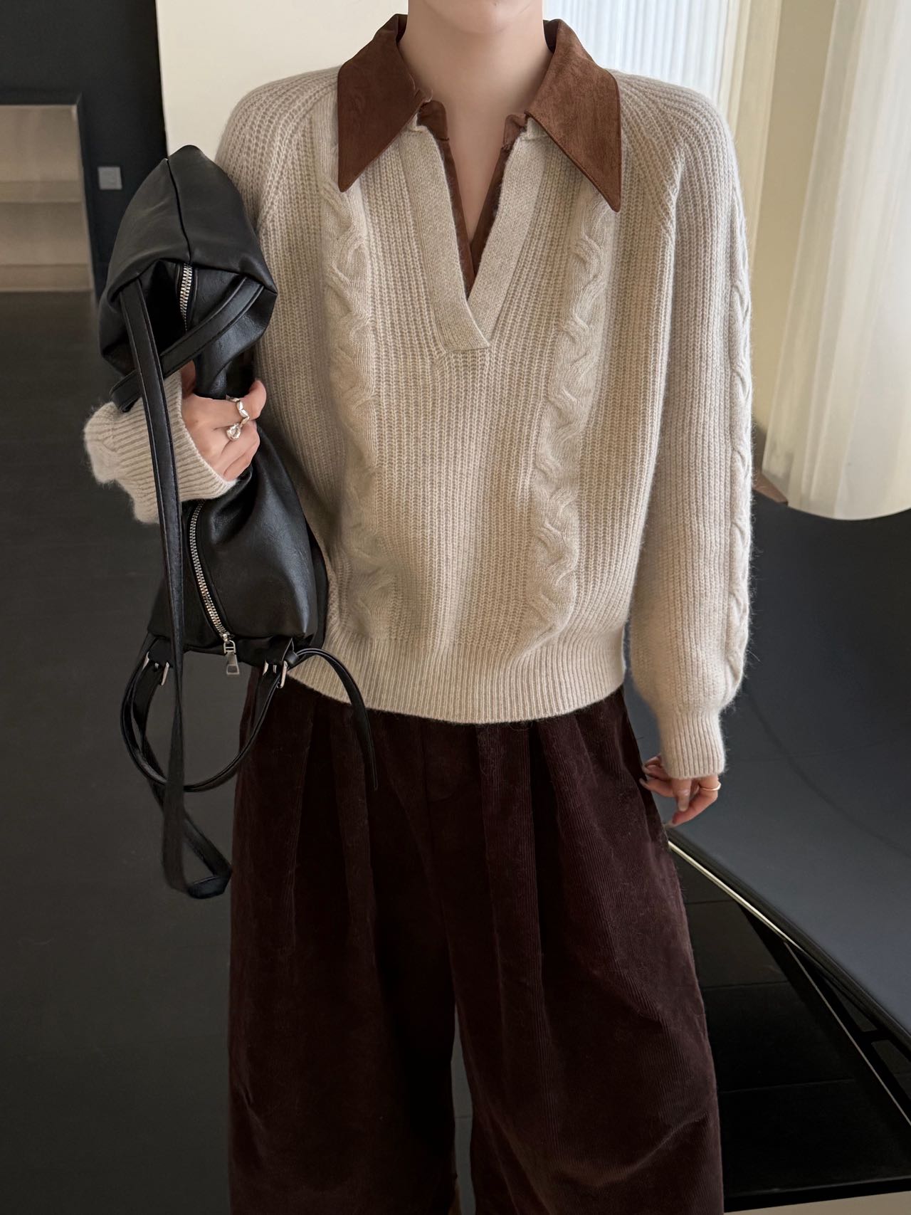 羊毛蜜熊绒79153韩系麂皮绒拼接polo领羊绒针织衫秋冬宽松毛衣女