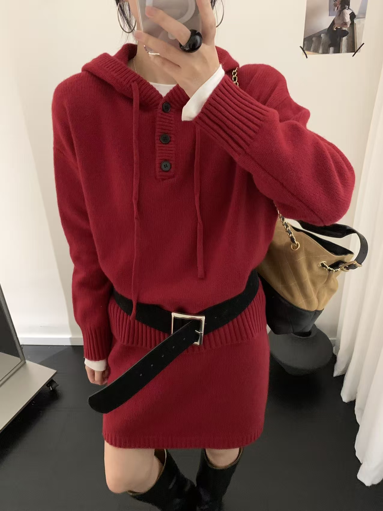 100%全羊毛韩系时尚连帽毛衣套装羊毛衫+针织短裙两件套女25秋冬