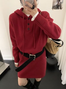 100%全羊毛韩系时尚连帽毛衣套装羊毛衫+针织短裙两件套女25秋冬