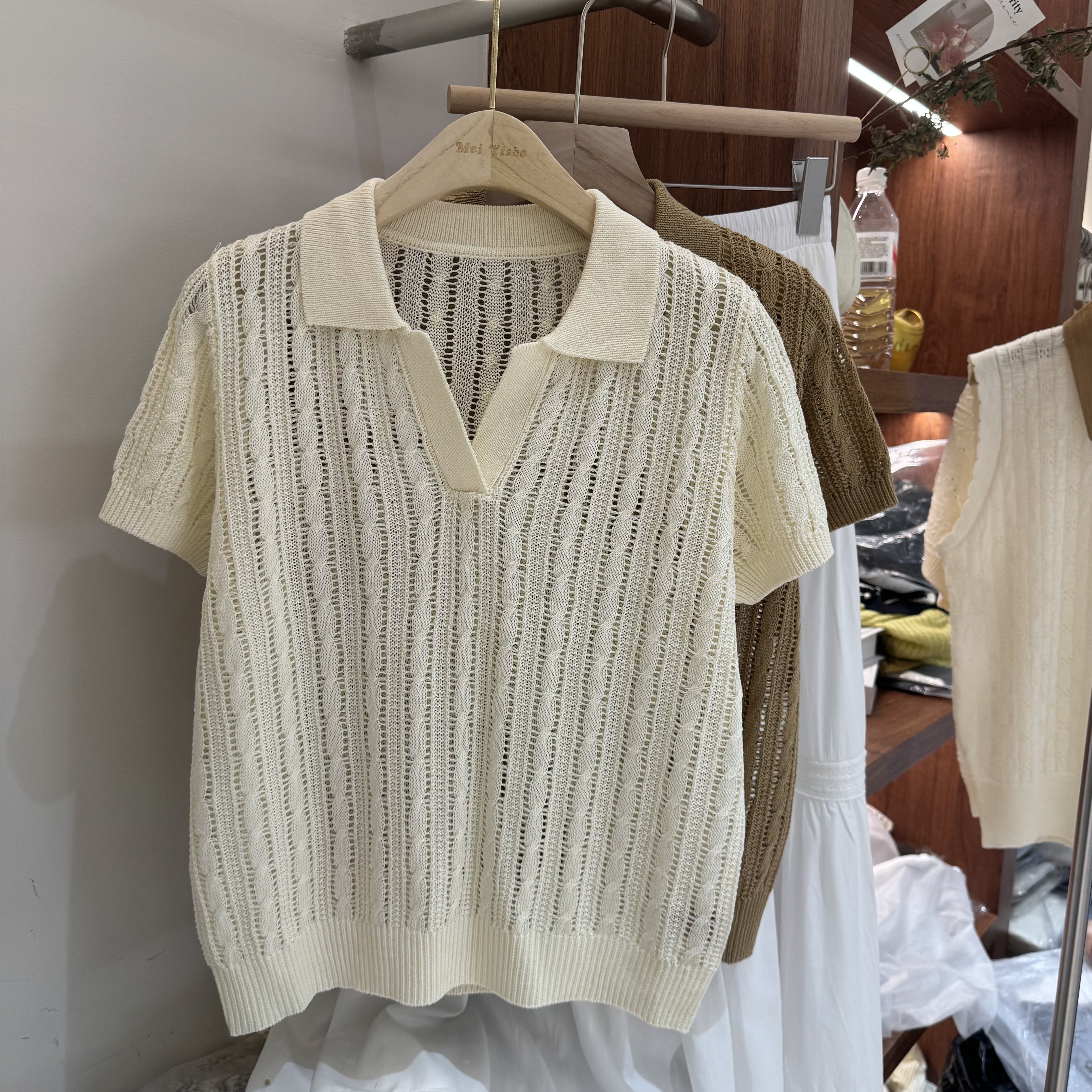 洋气翻领剪刀口麻花冰麻冰丝针织衫短袖温柔老钱风简约宽松显瘦潮