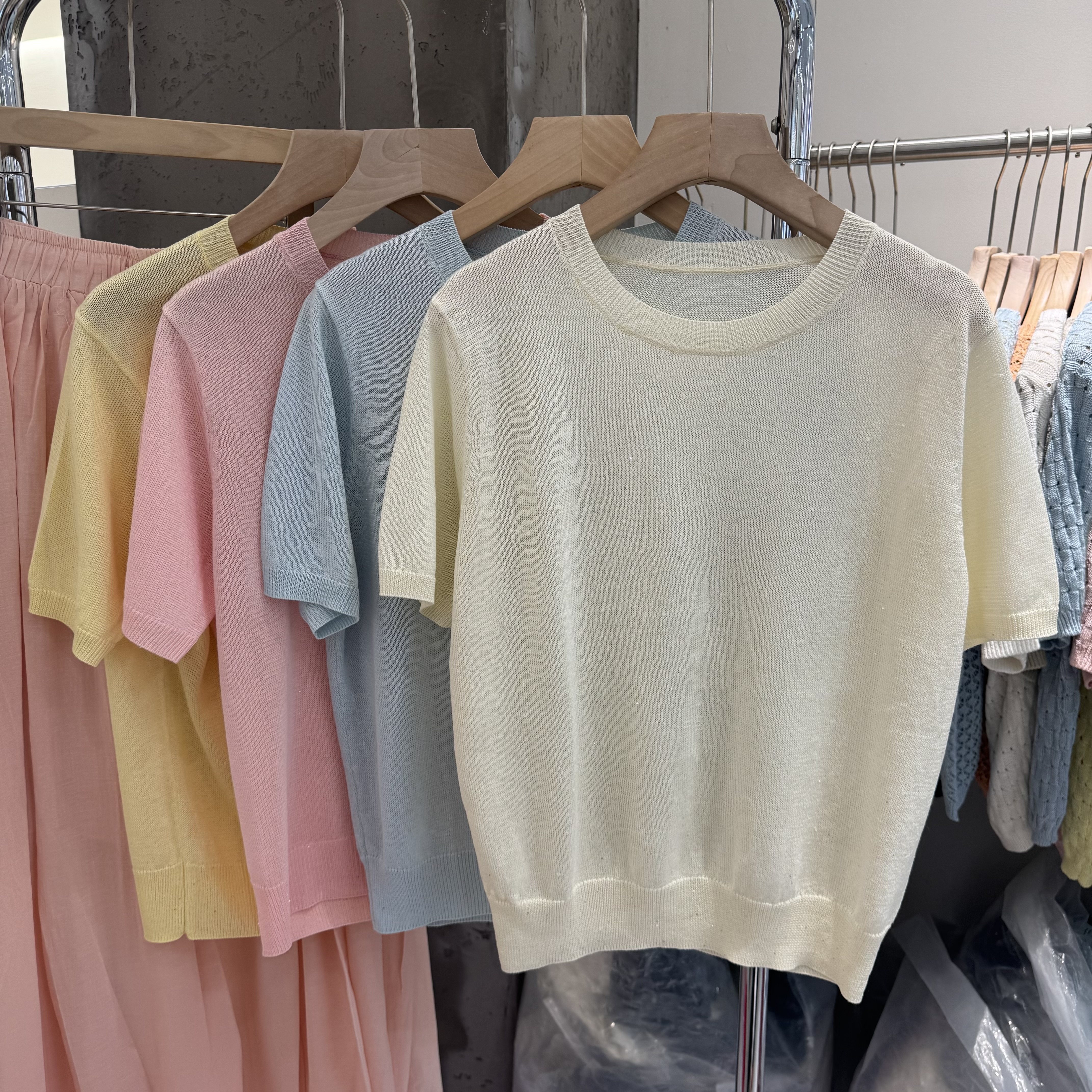 亮片亚麻78276夏季薄款短袖T恤女宽松显瘦简约纯色百搭针织上衣