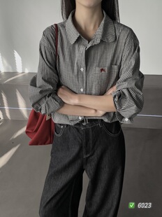 甜美小韩系清新穿搭风格子衬衫女刺绣口袋简约感休闲棉质衬衣外穿