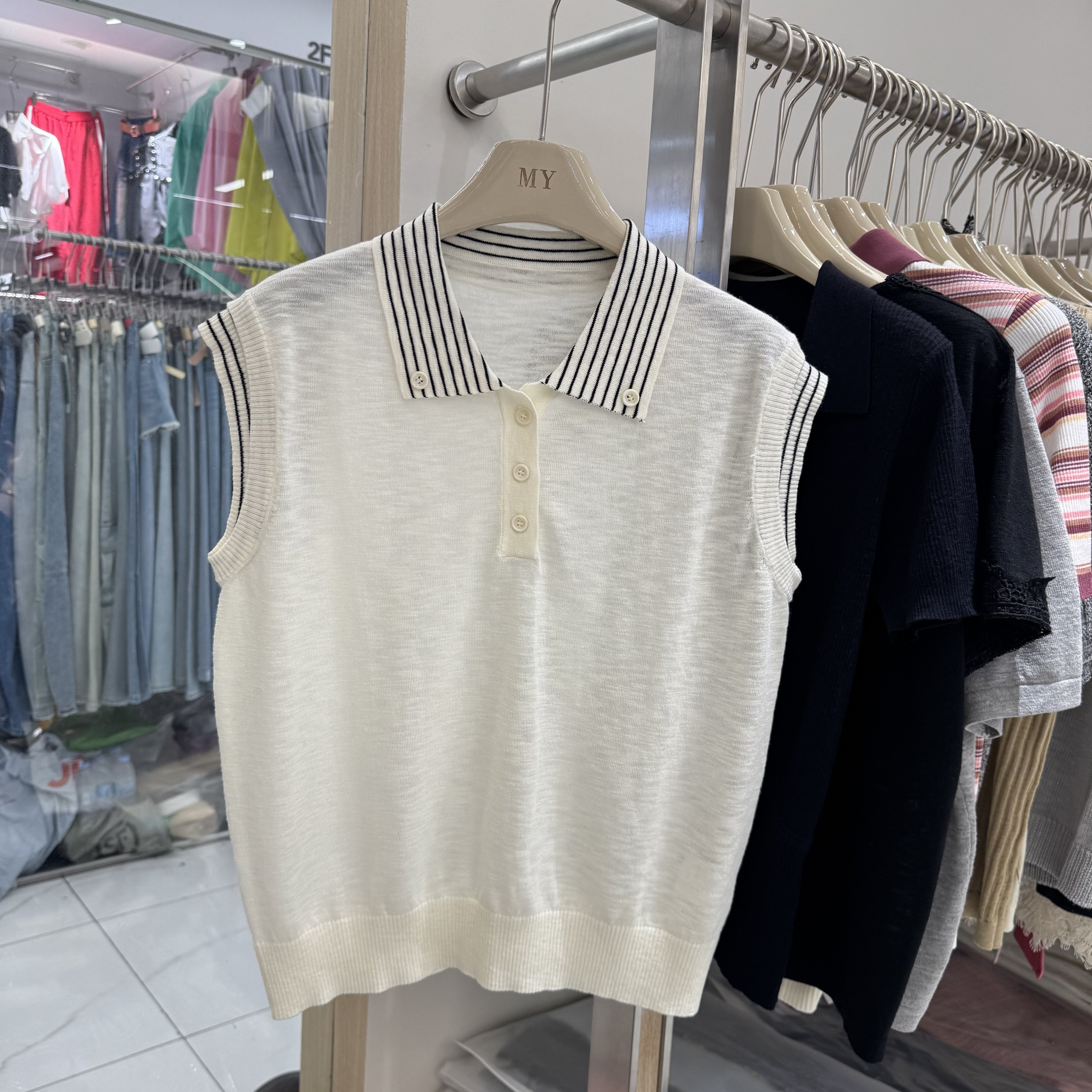 韩系polo领条纹拼接无袖针织衫女夏季简约时尚薄款百搭洋气上衣潮