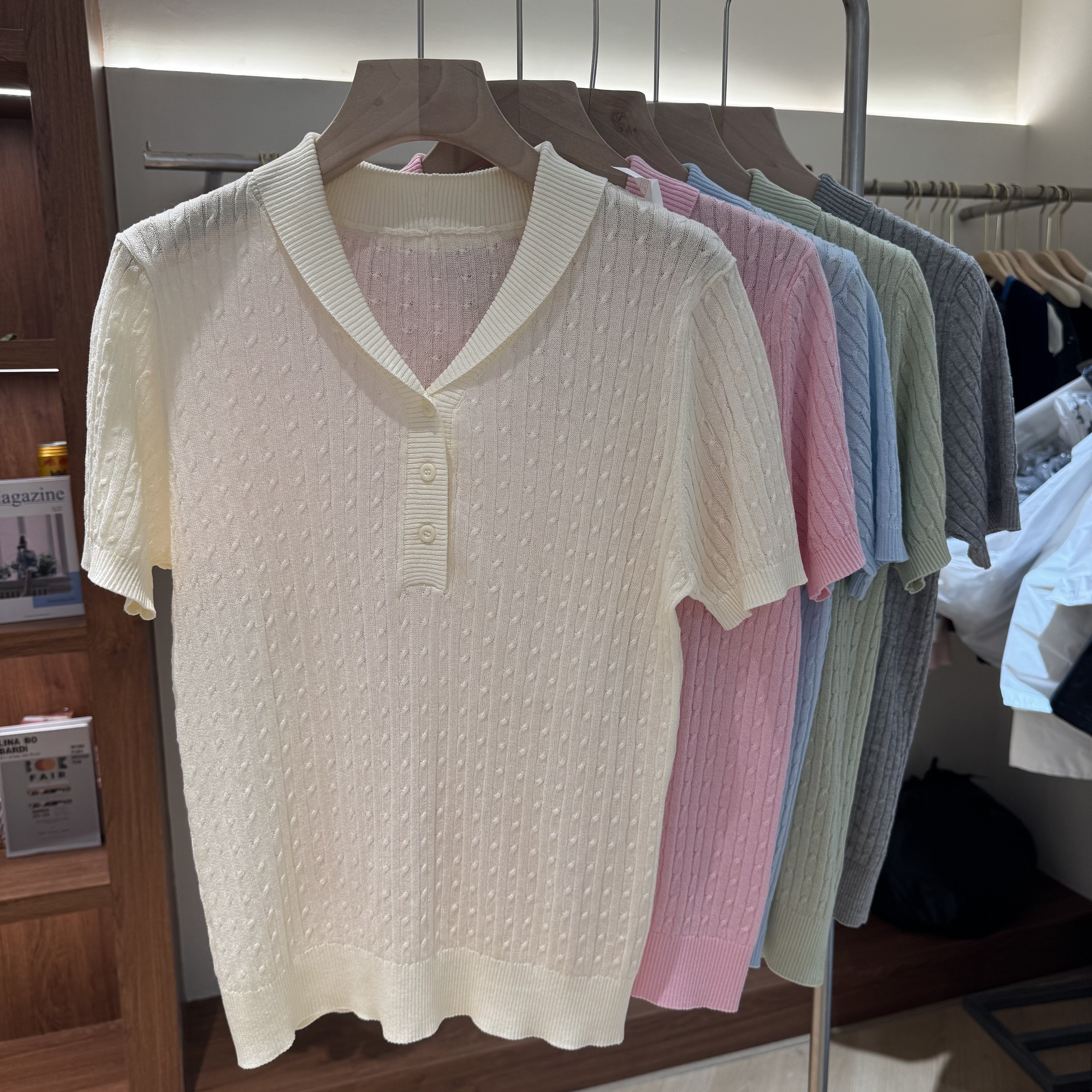 欧货2602正品韩版V领麻花短袖针织衫春夏新款宽松显瘦打底衫上衣