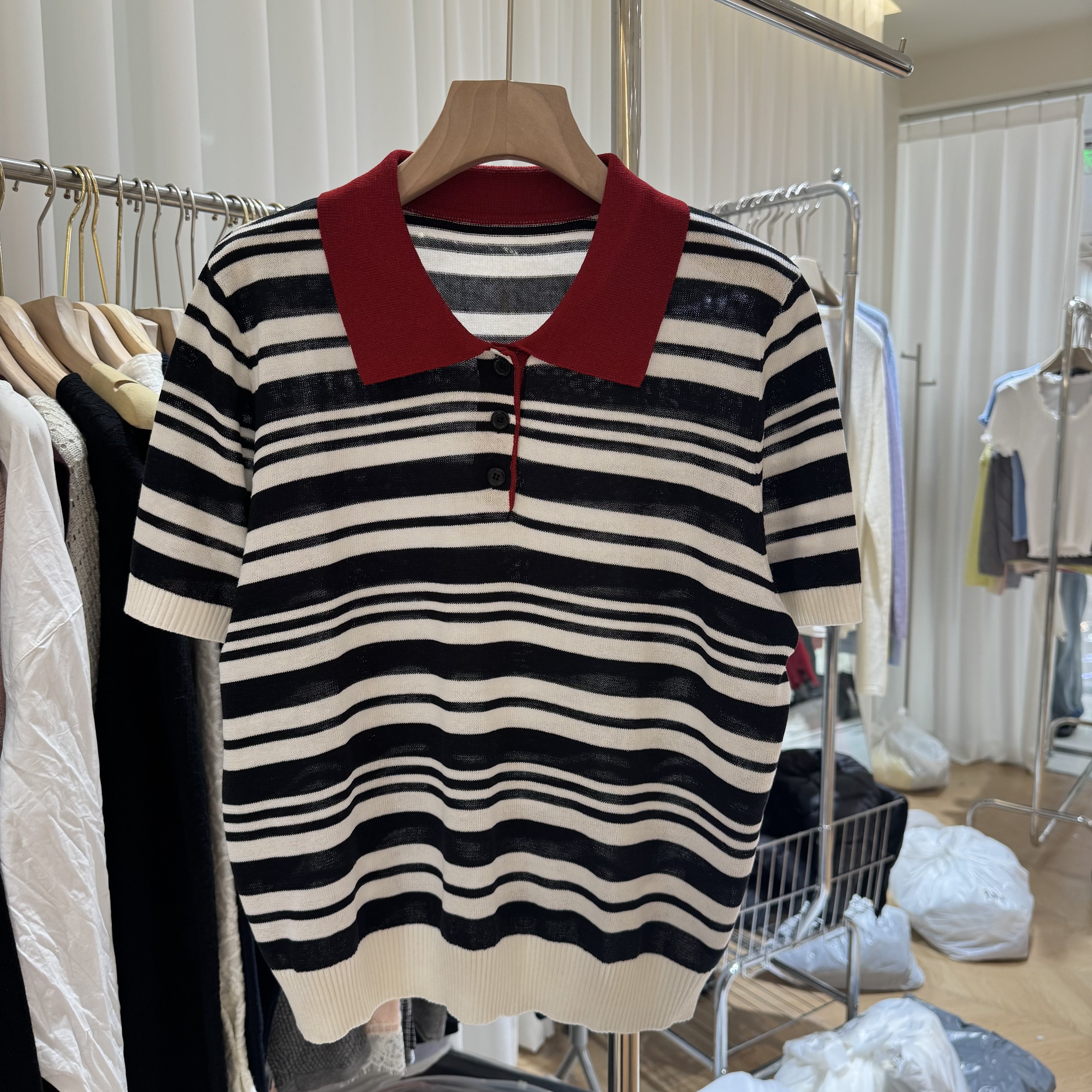 撞色条纹针织短袖T恤女夏装2026新款超好看小个子短款polo领上衣