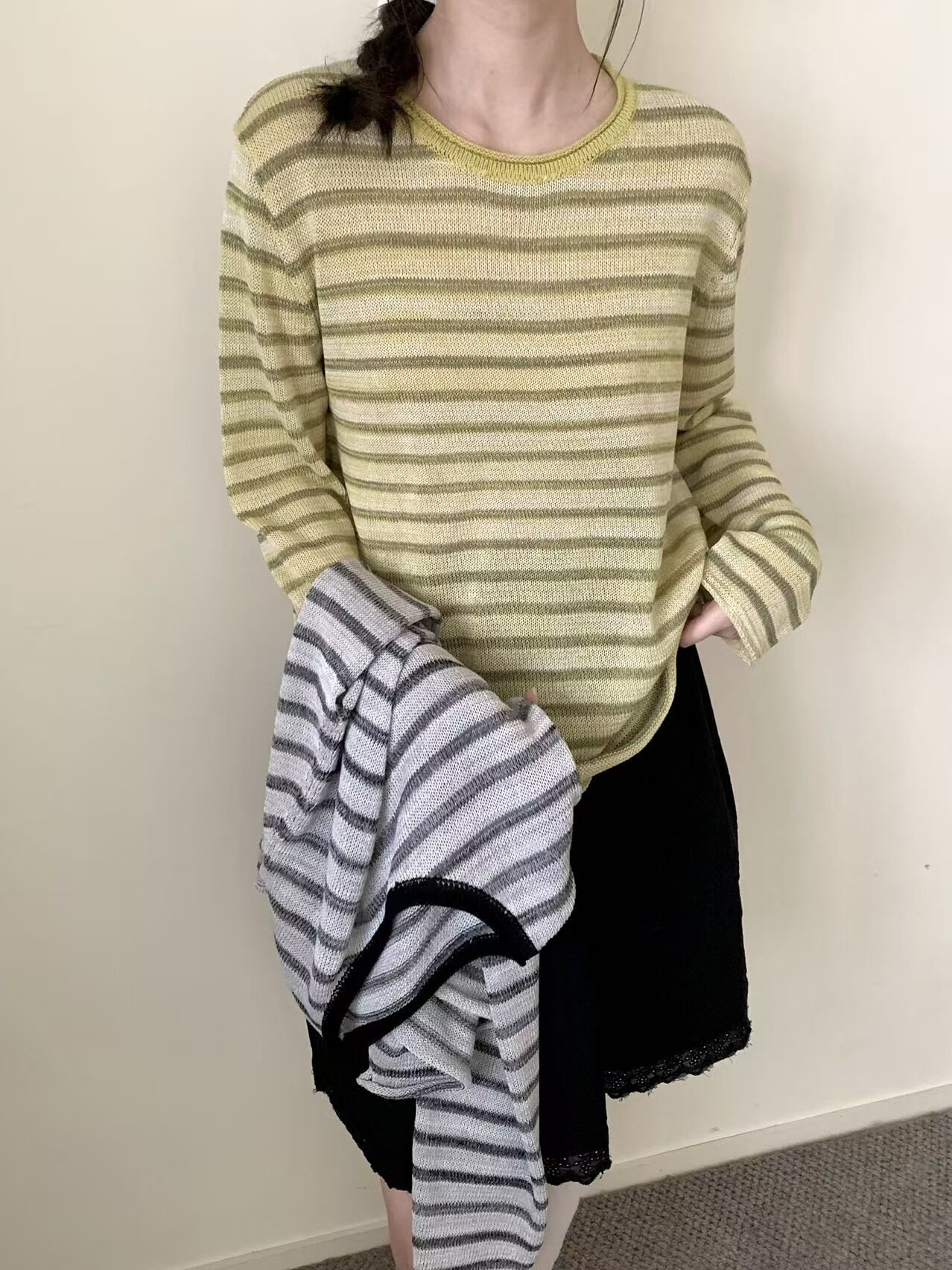 圣爽丝2026早春新款韩版宽松显瘦圆领短袖条纹针织衫女毛衣女薄款