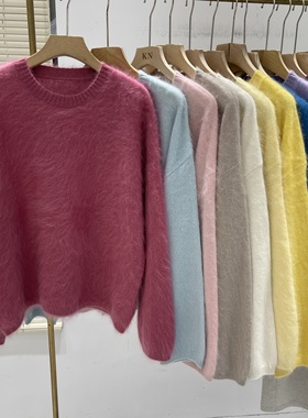 韩系全羊毛拉毛韩系高级感圆领软糯亲肤宽松慵懒风纯色毛衣79001