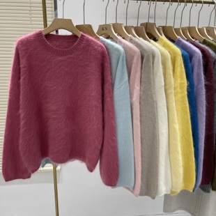韩系全羊毛拉毛韩系高级感圆领软糯亲肤宽松慵懒风纯色毛衣79001