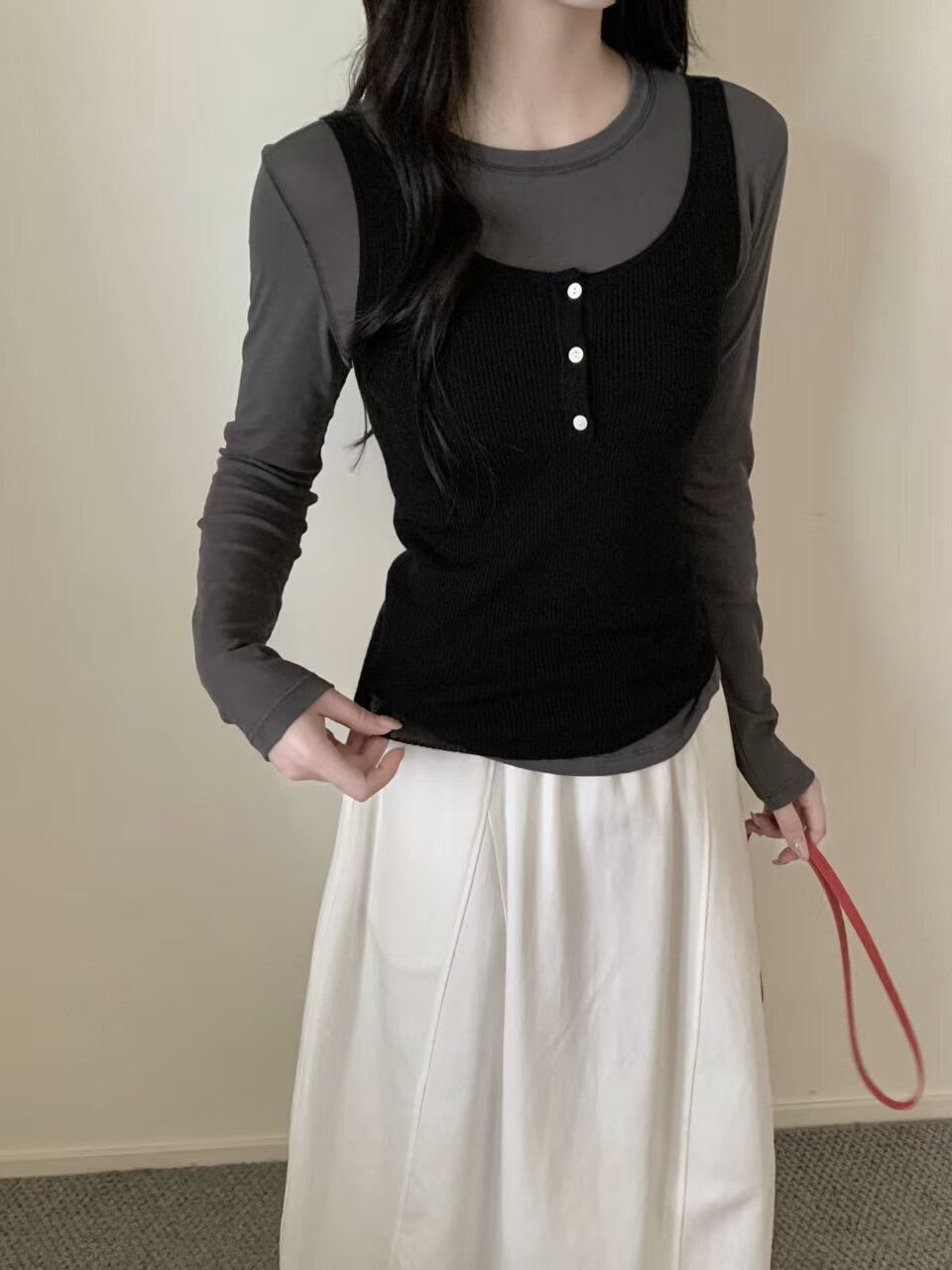 韩系简约春款基础款修身版全羊毛针织吊带背心打底衫叠穿神器6608
