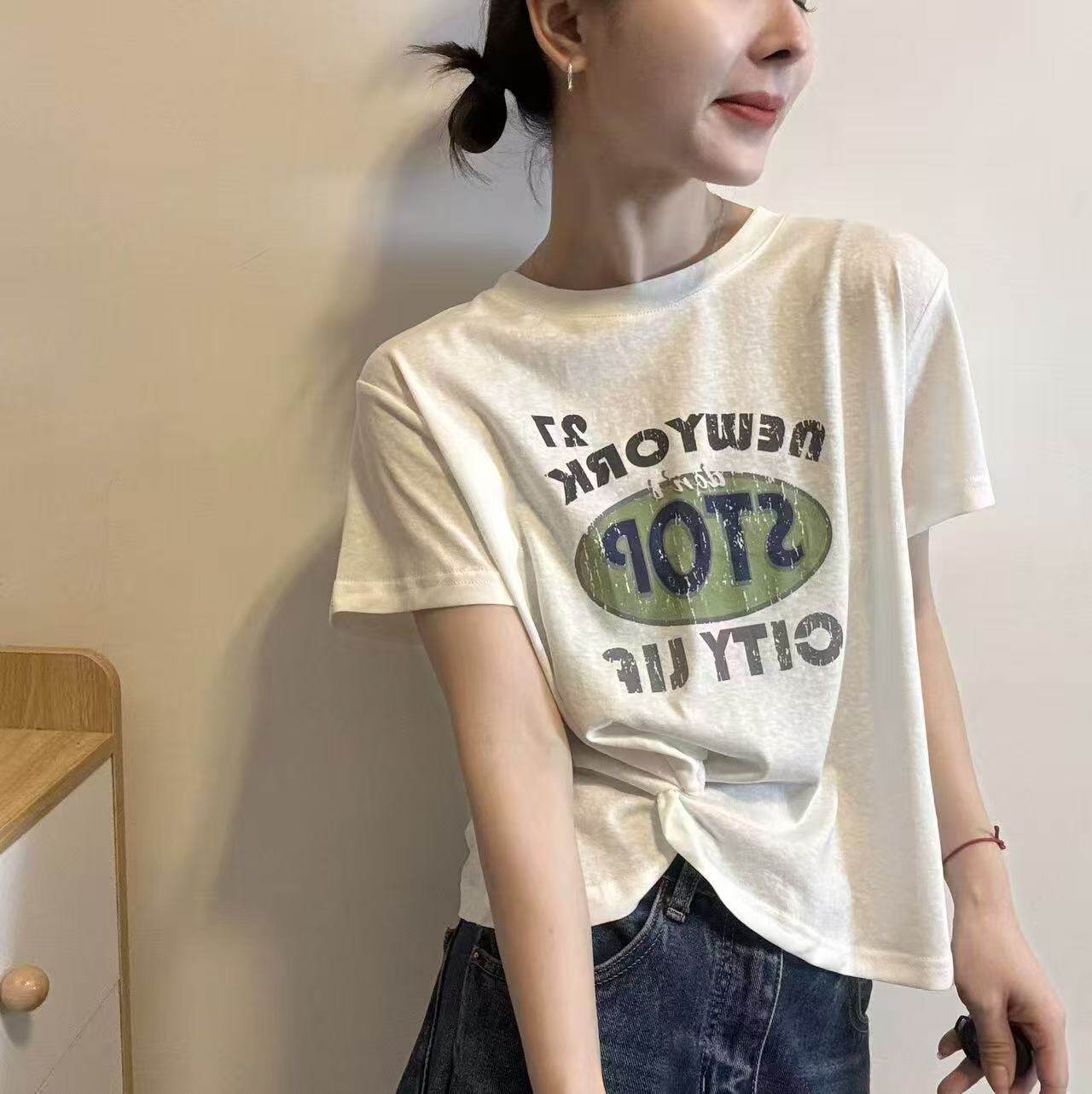 HMY正版夏新品韩范字母印花扭结不规则褶皱短袖修身T恤衫女32227