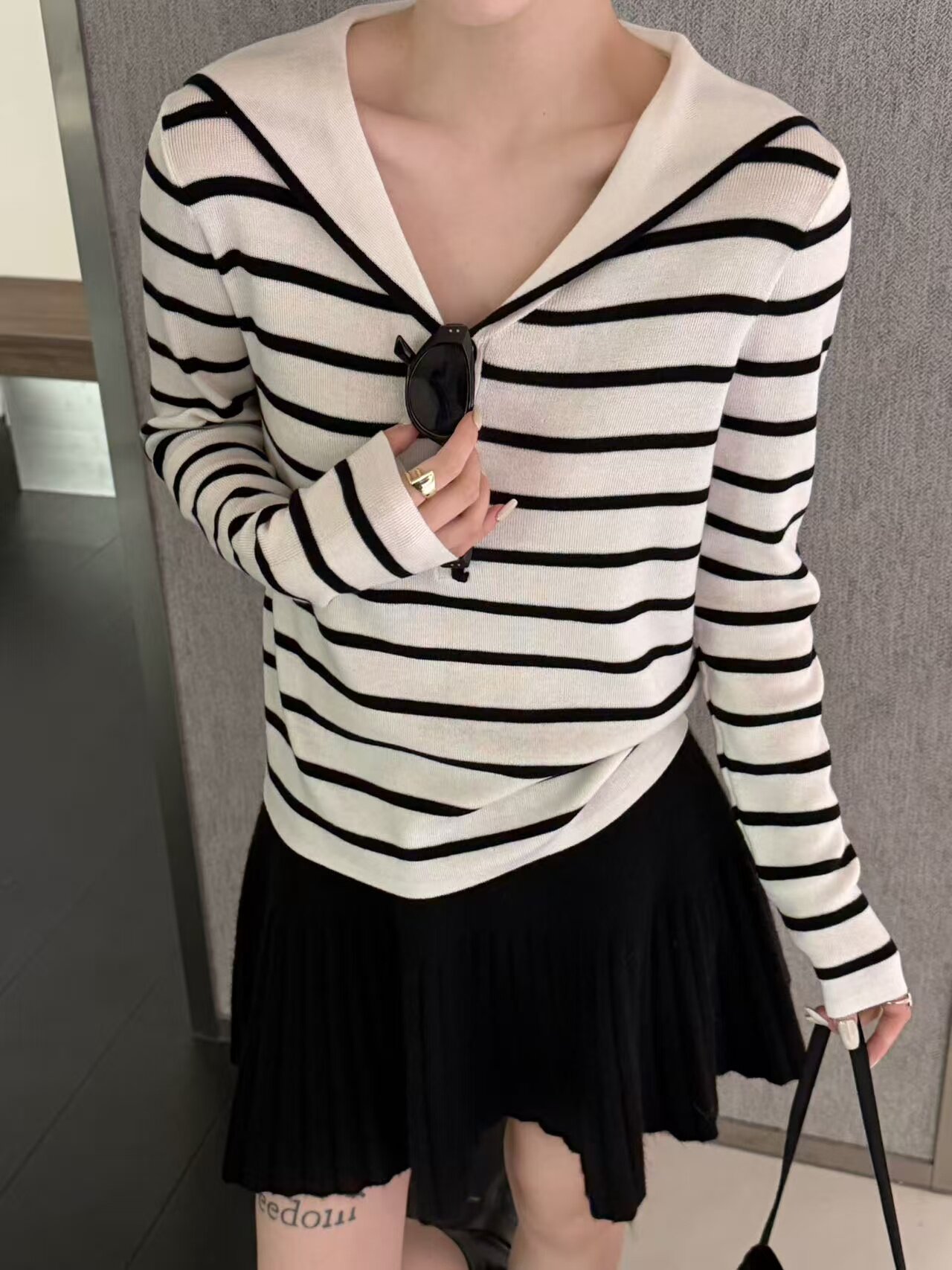 韩系撞色边半开扣海军娃娃领羊毛针织衫2026春季新款女糖果色毛衣