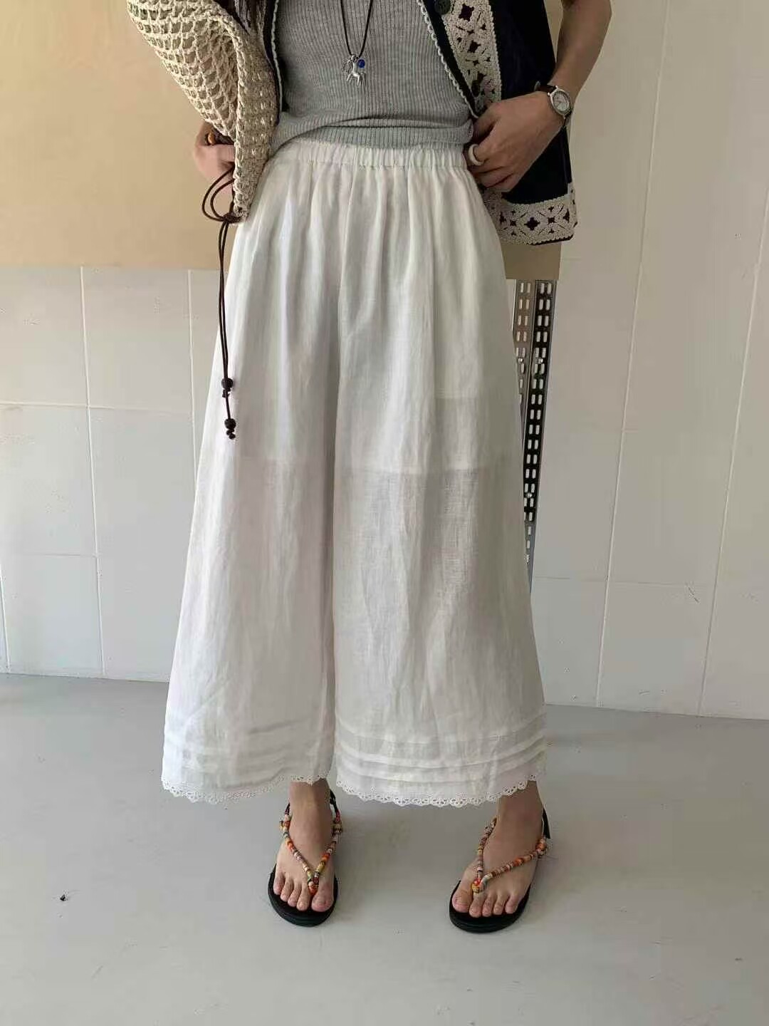 亚麻雷丝花边夏季新款韩系淑女风时尚百搭宽松显瘦休闲阔腿裤女