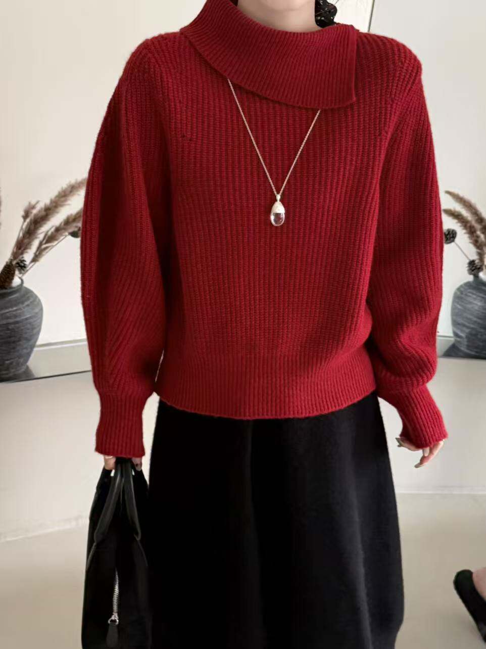 韩系羊毛兔毛气球袖侧翻领短款针织衫女秋冬宽松软糯百搭套头毛衣