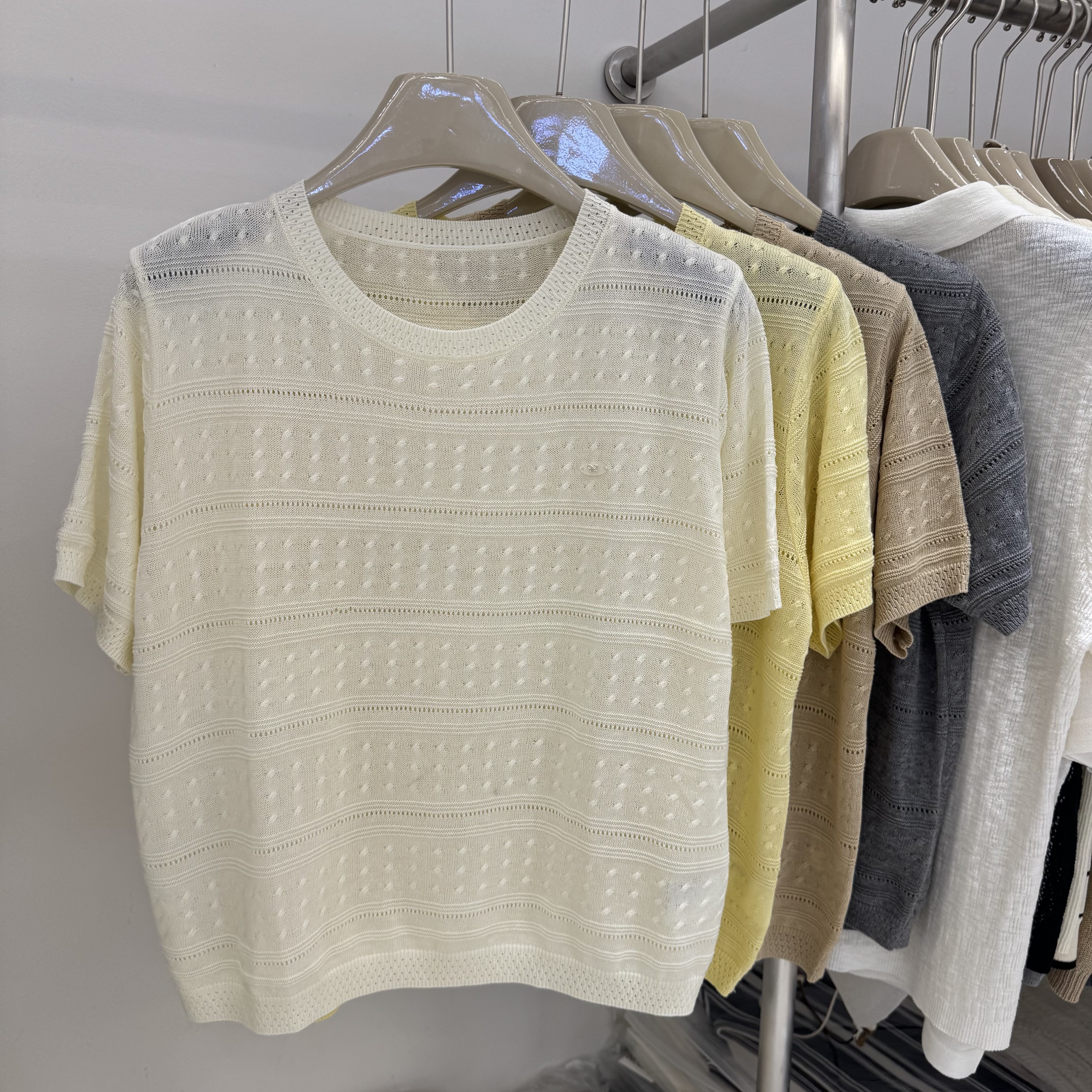 61105夏新款韩系圆领短袖纯色简约显瘦钩花镂空针织衫上衣T恤衫女