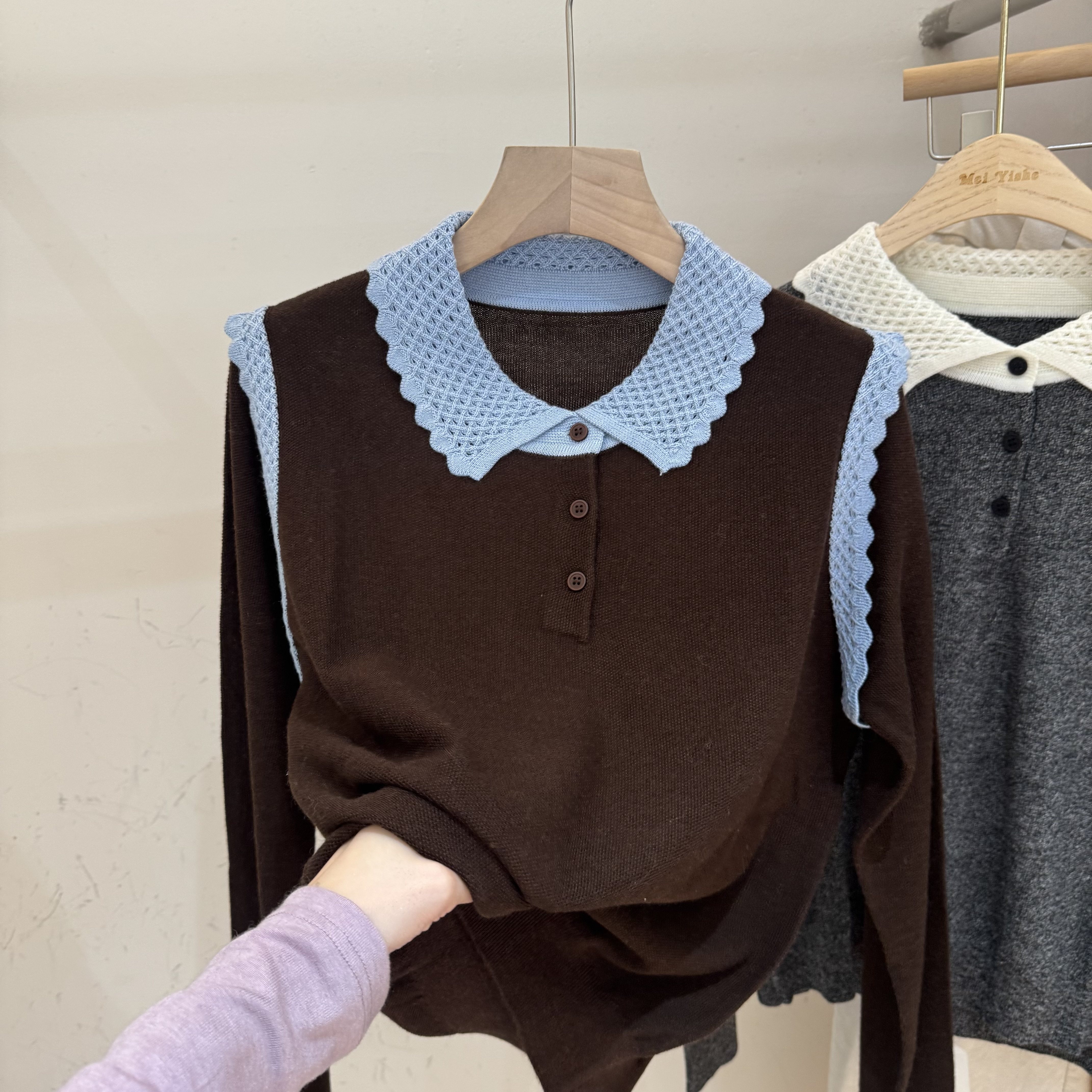 欧货正品韩系撞色POLO领肩花边针织衫女秋季洋气巨好看的针织上衣