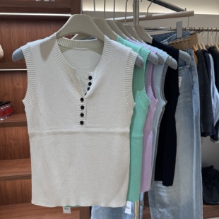 极简风纽扣针织背心女剪刀领纽扣无袖百搭修身显瘦上衣多色内搭