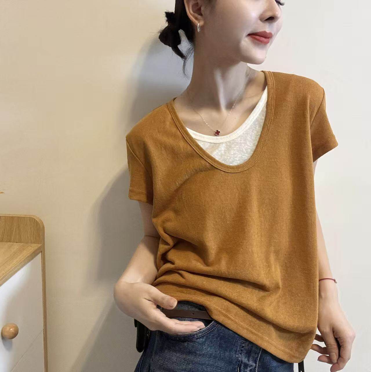 HMY32265夏季新款韩系显瘦假两件U领宽松撞色短袖T恤简约上衣女