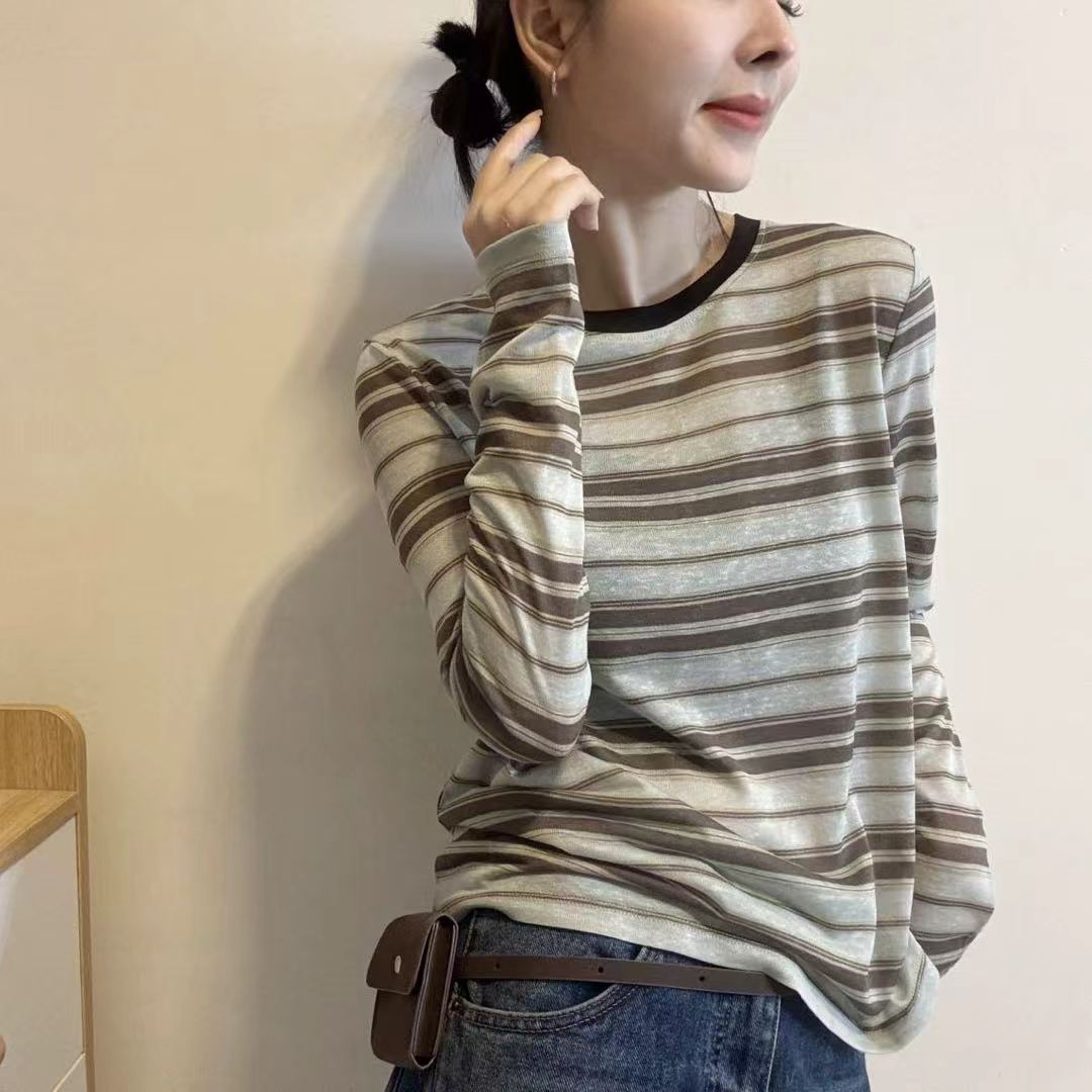 欧洲站慵懒风条纹长袖T恤女2026秋季新品宽松薄款防晒衫减龄上衣