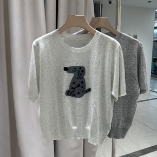 针织女韩系晕染印花高级上衣潮 2025秋季 新款 时尚 百搭圆领短袖