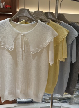 欧货6826款26娃娃领短袖针织衫女夏季荷叶边系带减龄百搭显瘦上衣