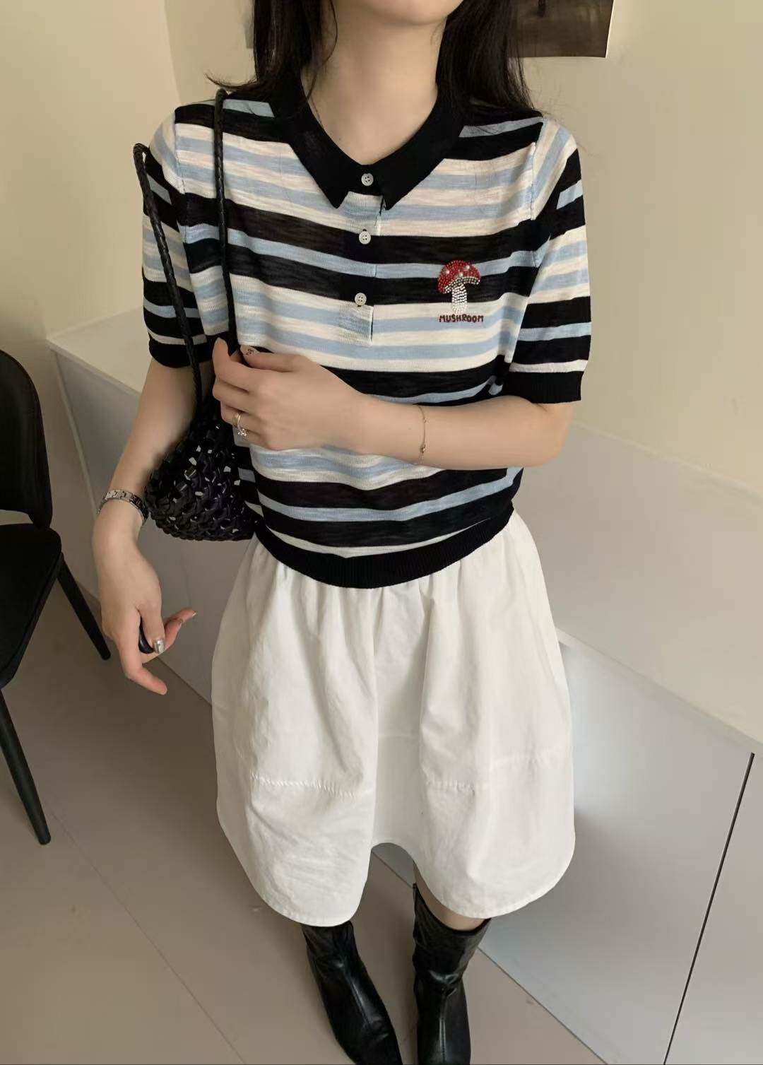 2026早春新款韩版宽松显瘦翻领短袖针织衫女毛衣女薄款上衣女