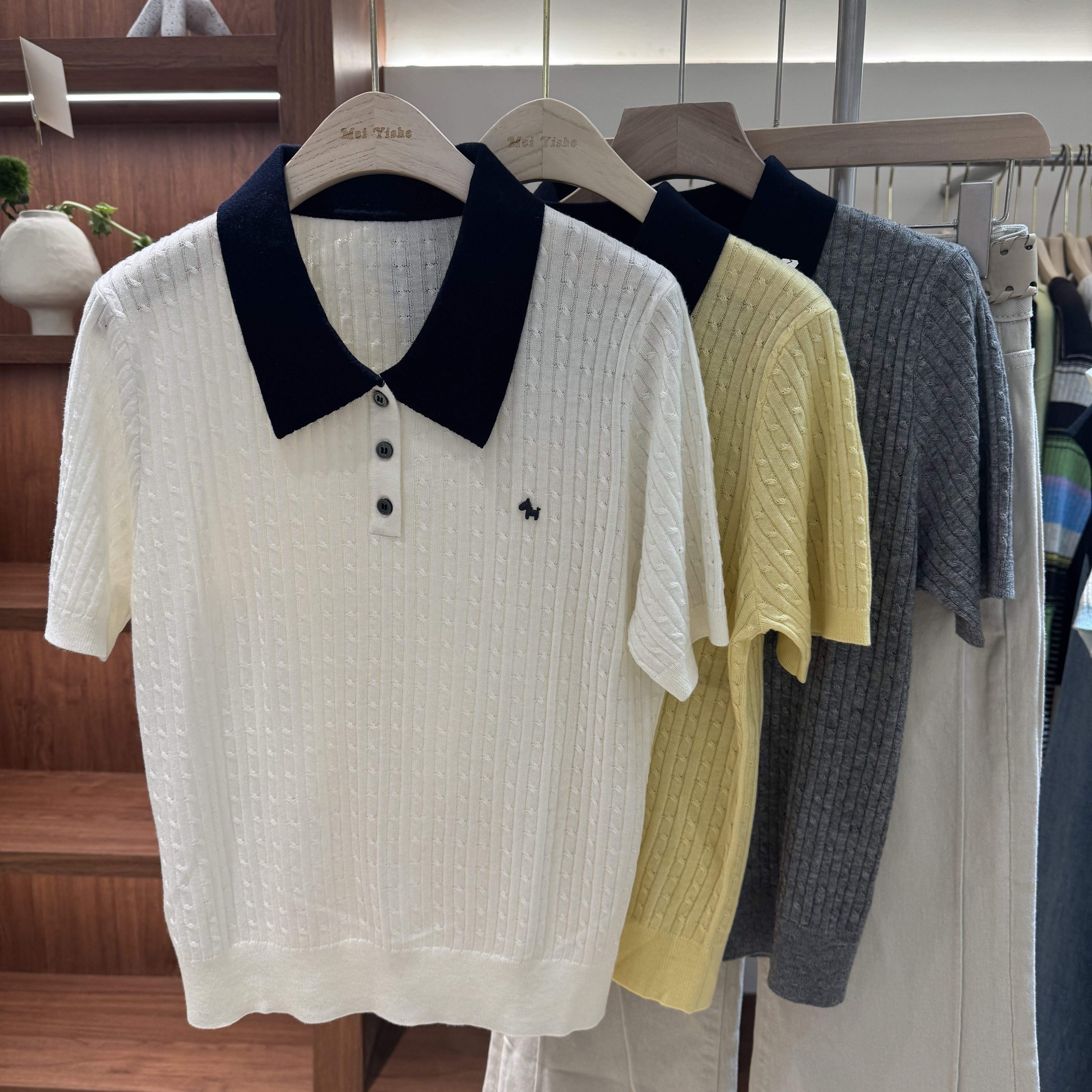 韩版223555撞色POLO领短袖针织衫女百搭显瘦麻花纹理修身打底上衣