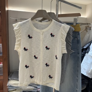 欧货91505正品白色刺绣小马针织开衫女夏薄款圆领短袖上衣外搭