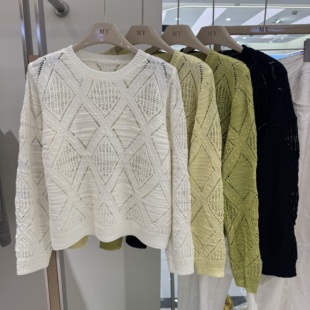 欧货69059圆领镂空菱形套头针织衫毛衣女2026春季新款爆款上衣潮