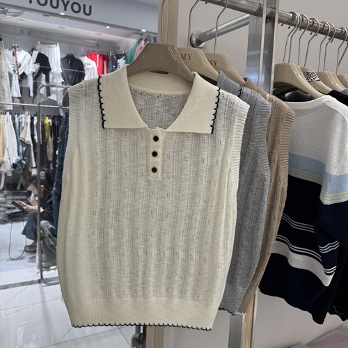 翻领无袖针织背心女显瘦毛衣上衣冰丝薄款亚麻夏拼色套头镂空钩花