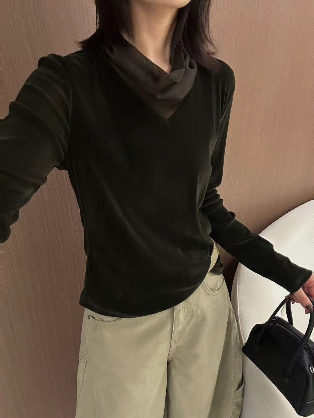 HMY正版秋季新款韩范堆堆高领宽松显瘦丝绒长袖T恤打底衫女32788