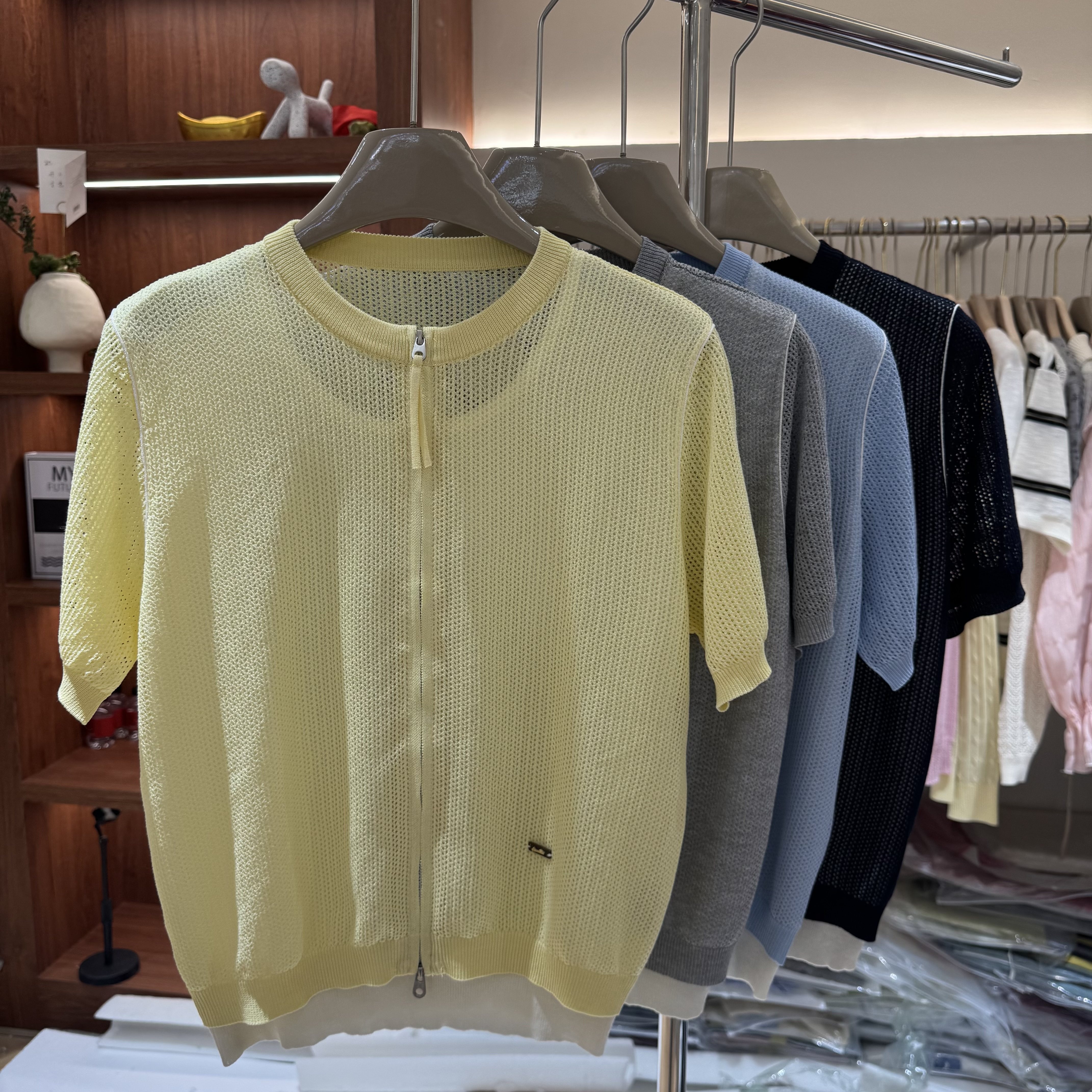 2026春季新款时尚双拉链假两件圆领短袖针织衫女小个子上衣开衫潮