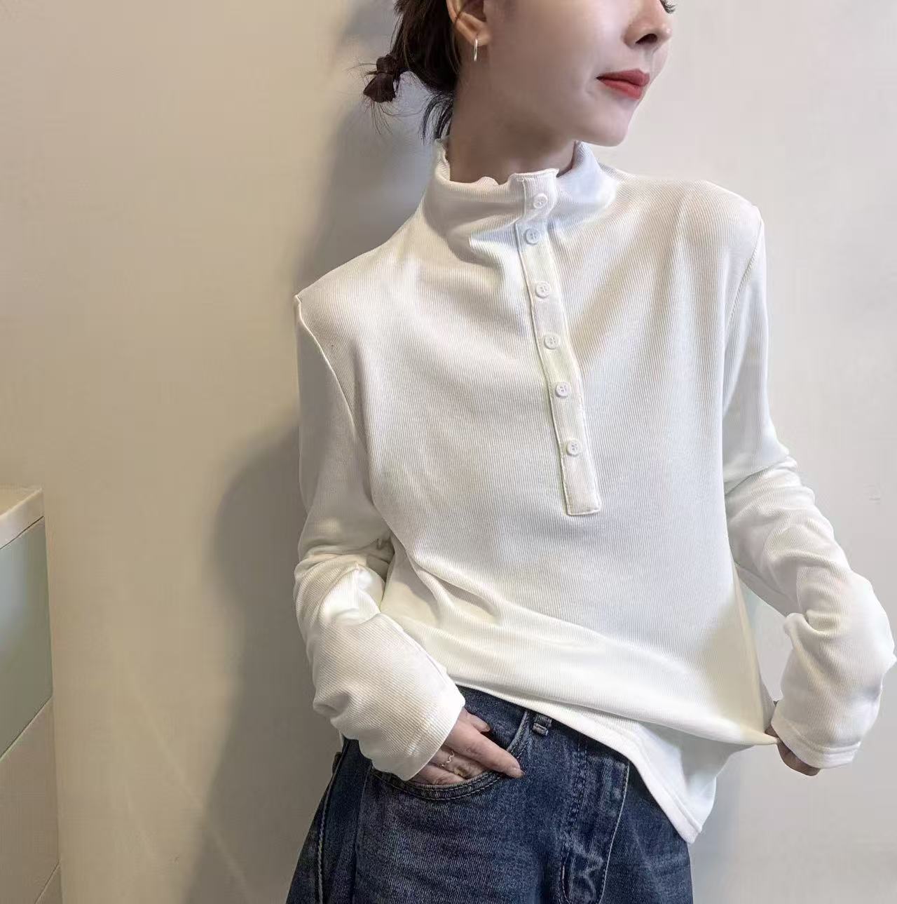 韩系半拉链立领长袖体恤女欧洲站米白色宽松显瘦百搭打底衫上衣