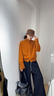 韩系高领排扣钩花袖口羊驼绒针织开衫女2025秋冬新款软糯毛衣外套