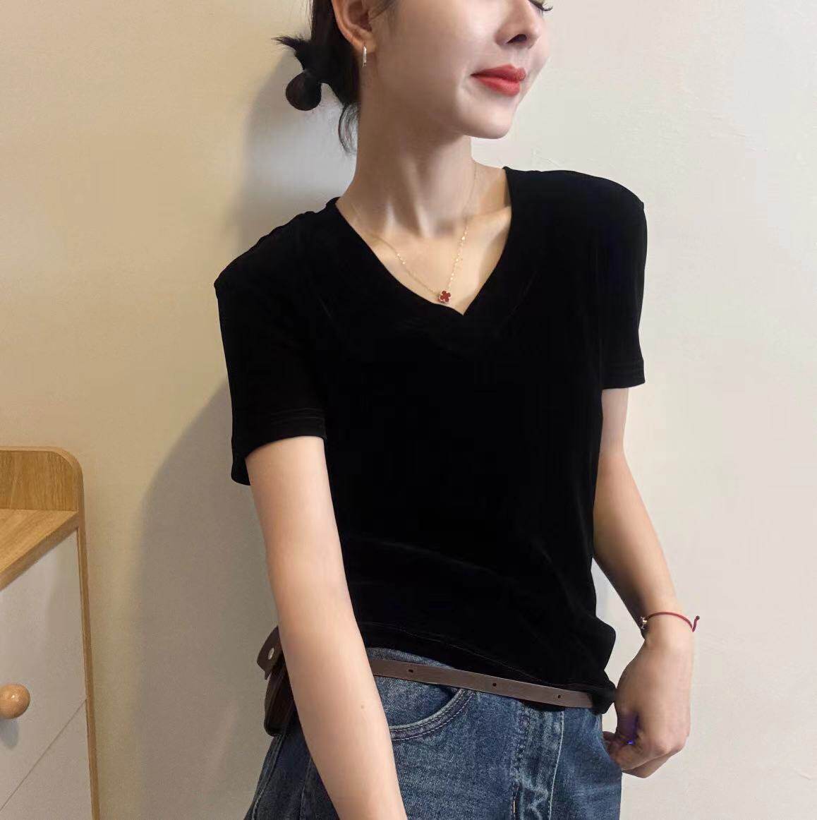 黑色V领短袖T恤女26春季新款韩版宽松显瘦打底衫高级感上衣Iins潮