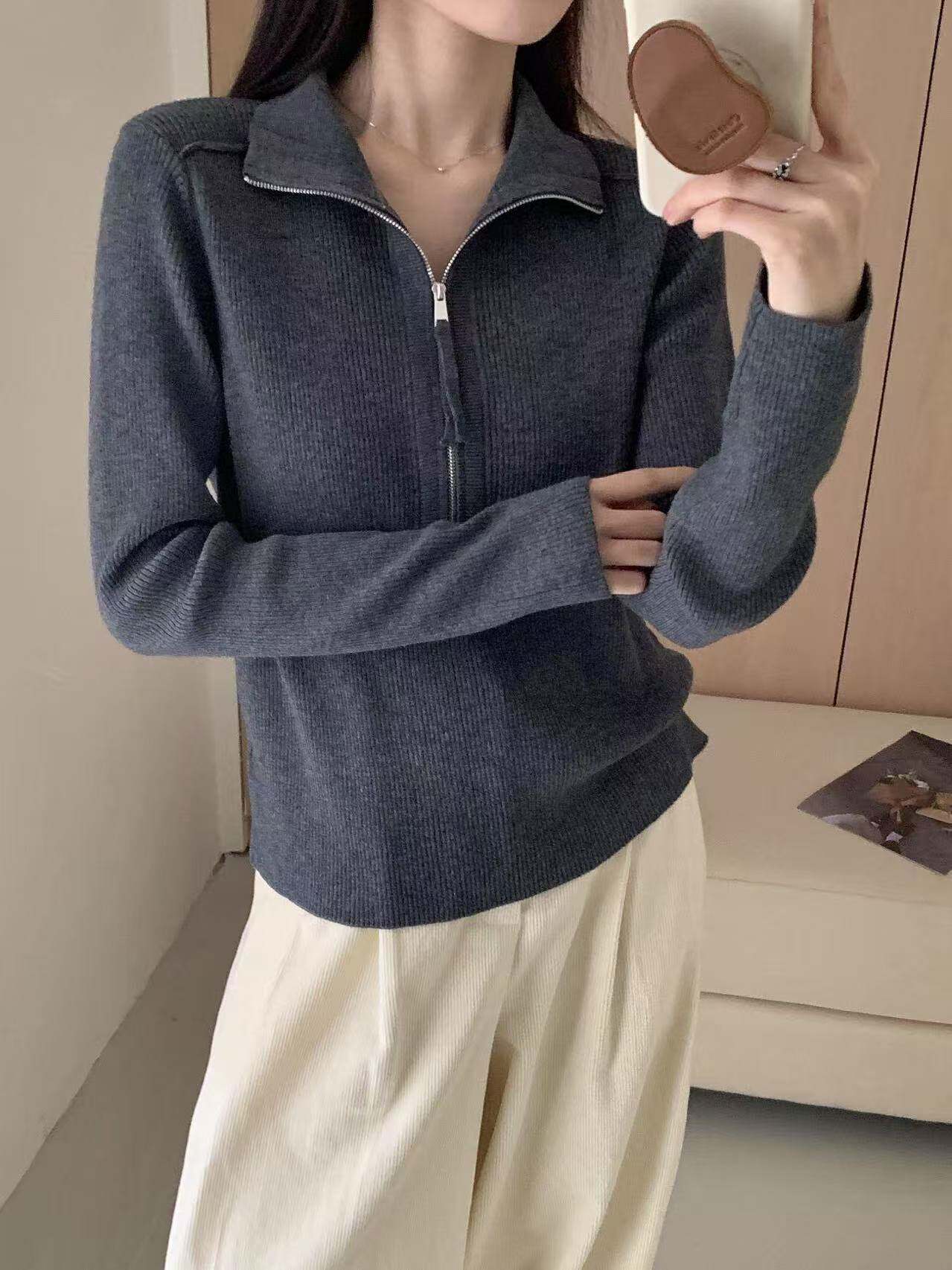 韩系洋气简约风半拉链立领纯色百搭显瘦细羊毛针织衫女上衣5202