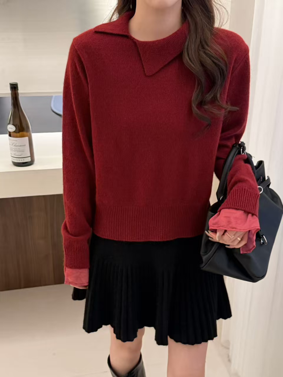 羊毛兔毛25213韩范设计感不规则翻领针织衫时尚网纱拼接袖口毛衣