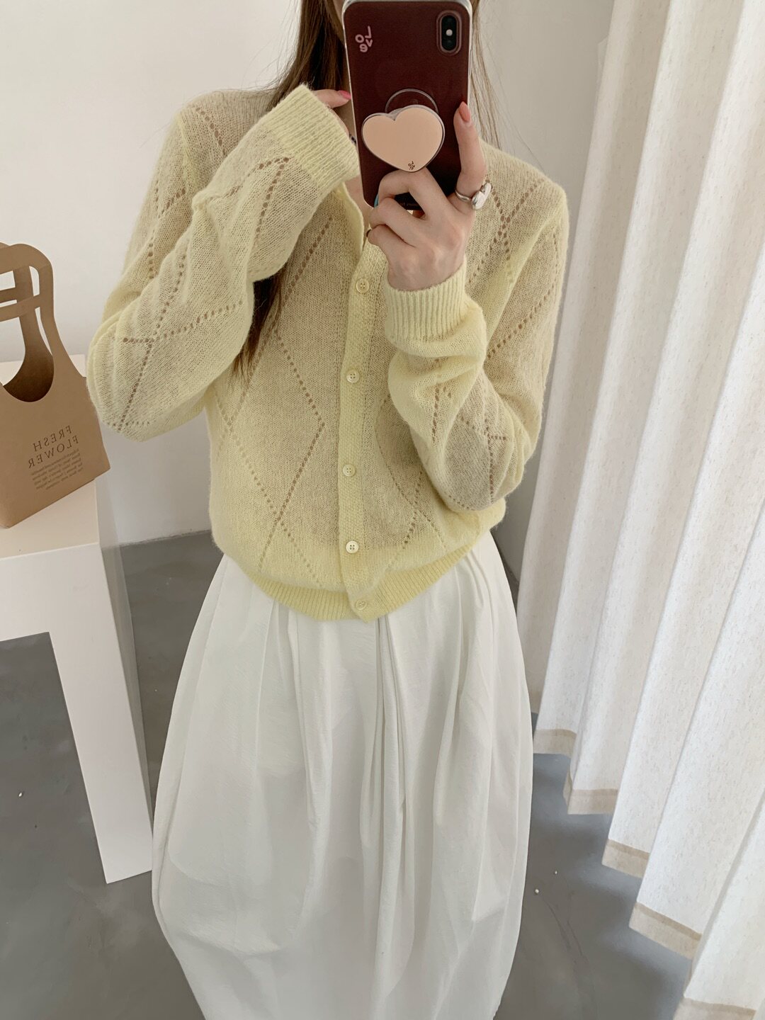 韩式简约风糖果色镂空菱形格针织开衫女纽扣百搭减龄外搭上衣6120