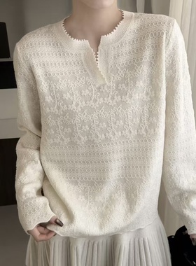 羊毛61106早春设计感轻熟V领宽松套头时尚简约气质软糯针织毛衣女