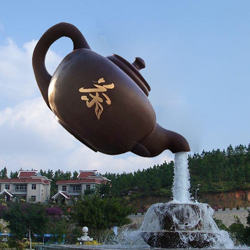 玻璃纤维大型喷泉悬空流水天壶雕塑室内茶壶景观装饰户外茶园小摆