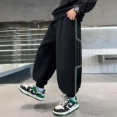 男童纯色束脚运动裤 撞色条纹松紧腰长裤 中大童休闲卫裤 宽松春秋款