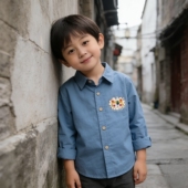 纯色 外套男童柔软翻领百搭上衣中小童春季 休闲风卡通刺绣长袖 衬衫