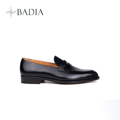Badia Shoes手缝沿条黑色万哈梅尔头层小牛皮便士乐福鞋牛皮大底
